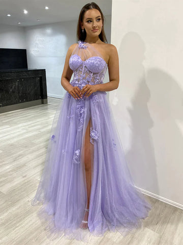 One Shoulder Purple Blue Lace Prom Dresses, One Shoulder Purple Blue Long Formal Graduation Dresses