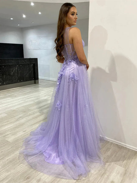 One Shoulder Purple Blue Lace Prom Dresses, One Shoulder Purple Blue Long Formal Graduation Dresses