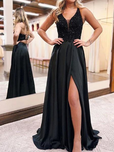 V Neck Dark Green Sequins Long Prom Dress with High Slit, Long Dark Green Formal Graduation Evening Dress with Pocket