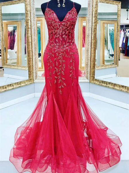 V Neck Red Mermaid Tulle Sequin Beads Long Prom Dresses,  Red Mermaid Formal Evening Dresses