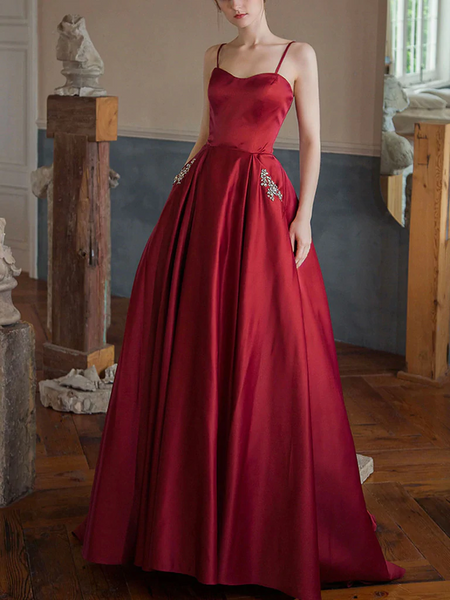 Sweetheart Neck Burgundy Satin Long Prom Dresses with Pocket, Long Burgundy Formal Graduation Evening Dresses