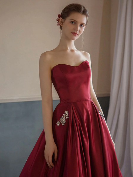 Sweetheart Neck Burgundy Satin Long Prom Dresses with Pocket, Long Burgundy Formal Graduation Evening Dresses