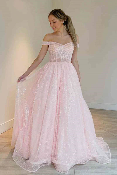 Shiny Tulle Off Shoulder Blue/Pink Long Prom Dress, Blue/Pink Formal Graduation Evening Dress