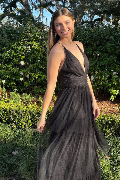 A Line Deep V Neck Black Tulle Layered Long Prom Dress, V Neck Black Backless Formal Dress, Long Black Evening Dress