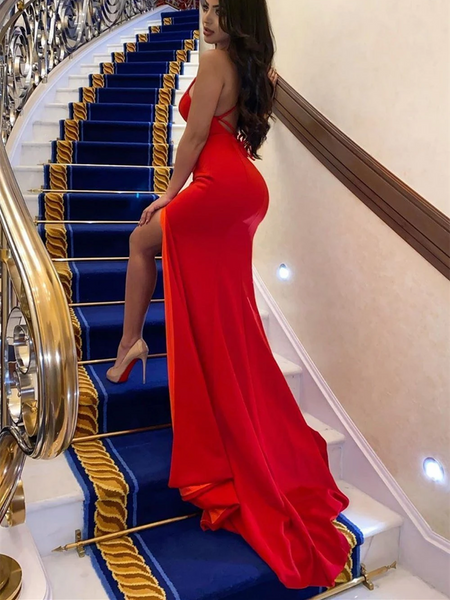 Hot Sexy Mermaid Spaghetti Straps Red Backless Long Prom Dresses, Red Mermaid Open Back Long Formal Evening Dresses