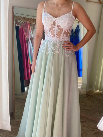 A Line green Tulle Lace Long Prom Dresses, A Line green Tulle Lace Long Formal Evening Dresses