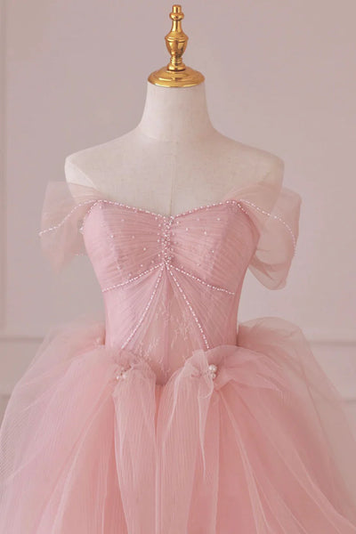 Off Shoulder Pink  Lace Tulle Long Prom Dresses, Beautiful Pink Off Shoulder Formal Evening Dresses