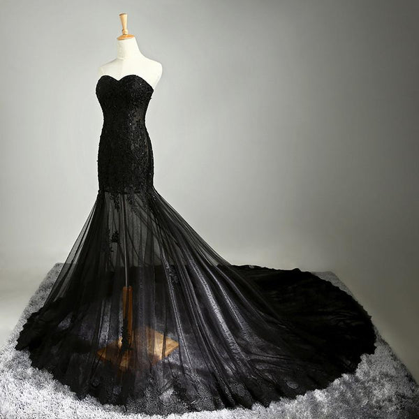 Custom Made Sweetheart Neck Mermaid Black Lace Prom Dresses with Sweep Train, Black Lace Formal Dresses Side Details