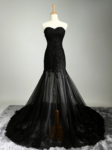 Custom Made Sweetheart Neck Mermaid Black Lace Prom Dresses with Sweep Train, Black Lace Formal Dresses