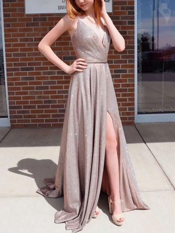 Simple V Neck Sequin Satin Long Prom Dresses, Simple V Neck Sequin Satin Long Formal Evening Dresses