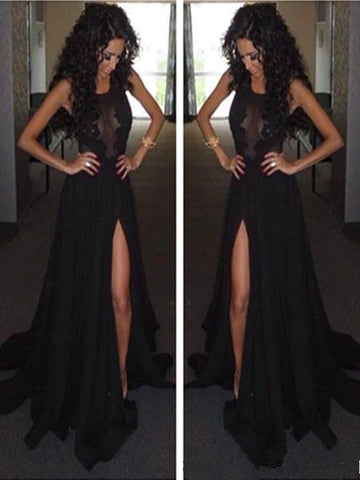 Custom Made A Line Round Neck Black Lace Prom Dresses, Black Lace Formal Dresses