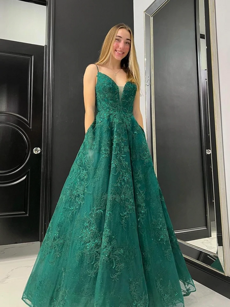 V Neck Green Lace Long Prom Dresses, V Neck Green Lace Long Formal Evening Dresses