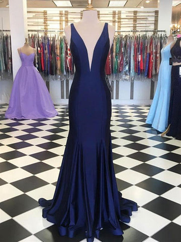 Dark blue v neck mermaid satin long prom dress, Blue mermaid formal evening dress