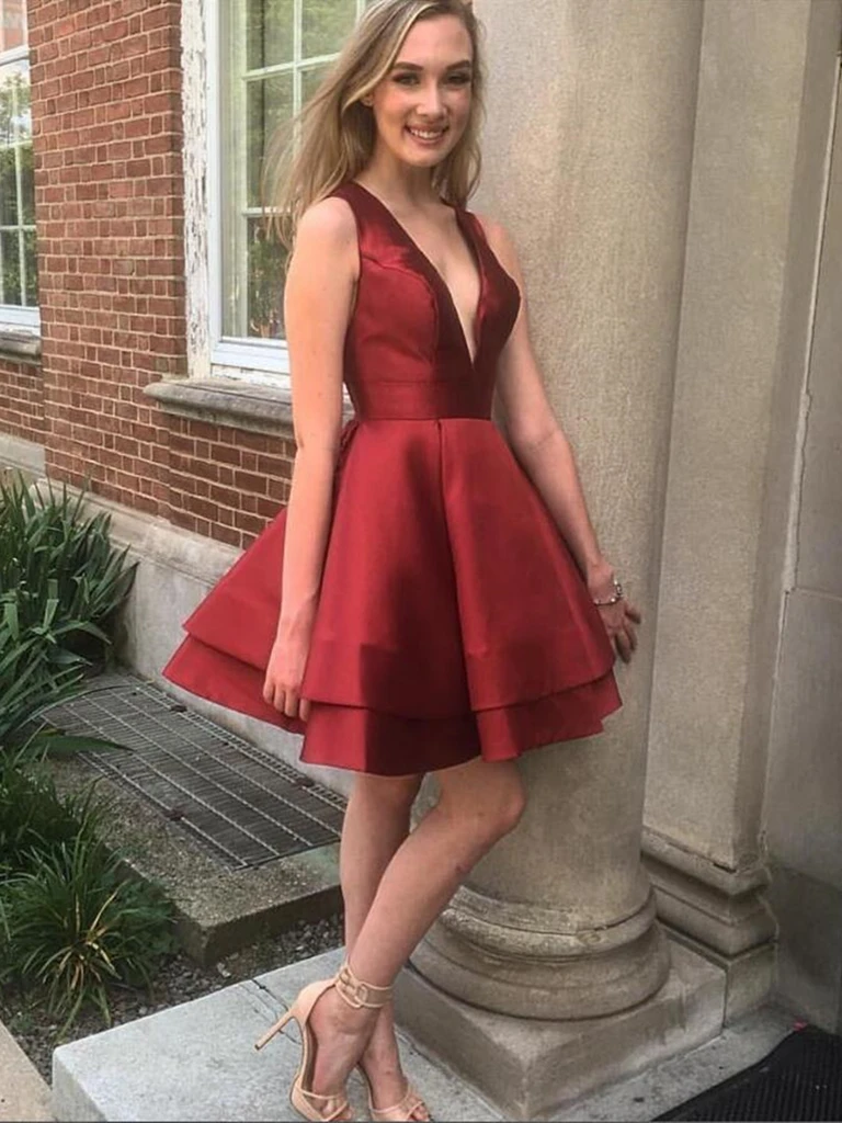 V Neck Burgundy Satin Short Prom Dresses, V Neck Burgundy Homecoming Dresses