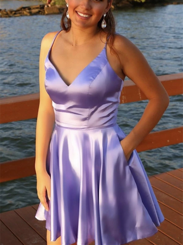 V Neck Purple Short Prom Dresses, V Neck Purple Short Formal Evening Dresses