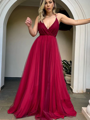 V Neck Backless Burgundy Tulle Long Prom Dresses, Open Back Maroon Formal Dresses, Burgundy Evening Dresses