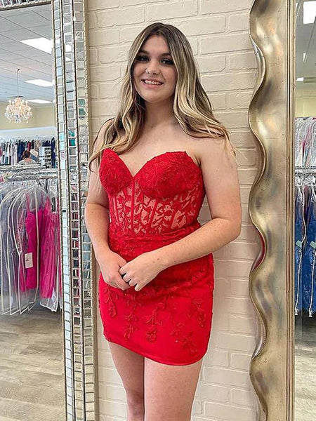 Short Red Lace Prom Dresses, Short Red Lace Formal Homecoming Dresses