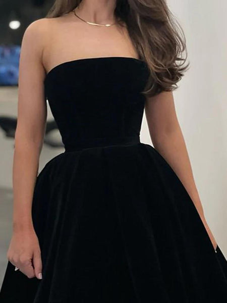 Tea Length Black Velvet Prom Dresses, Black Tea Length Graduation Homecoming Dresses