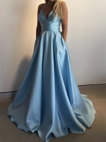 Simple A Line V Neck Blue Satin Long Prom Dresses, A Line V Neck Yellow Satin Long Formal Evening Dresses