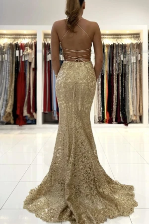 Gold Mermaid Lace Backless Prom Dresses, Open Back Golden Mermaid Lace Formal Evening Dresses