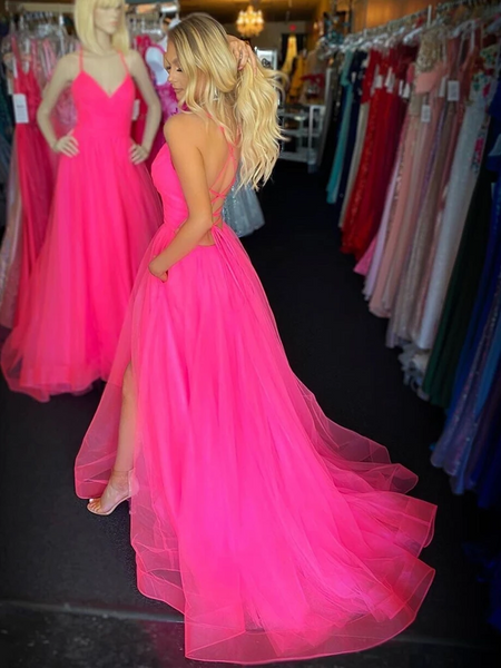 V Neck Hot Pink Backless Prom Dresses With High Leg Slit, Backless Hot Pink Formal Evening Party Dresses