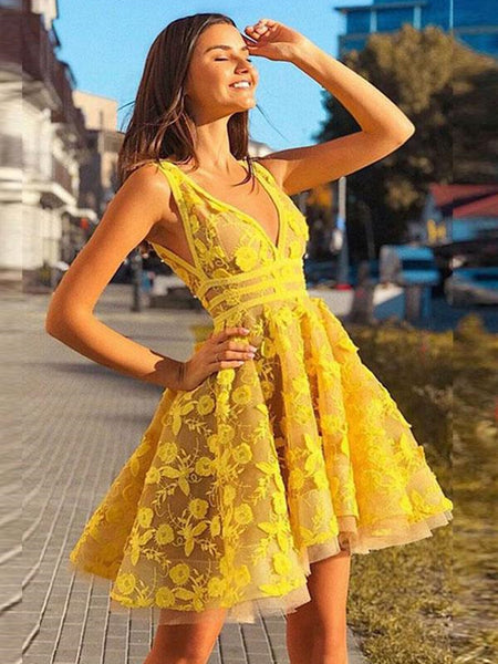 V neck yellow lace short prom dress, V neck yellow lace short evening dress, Homecoming graduation dress