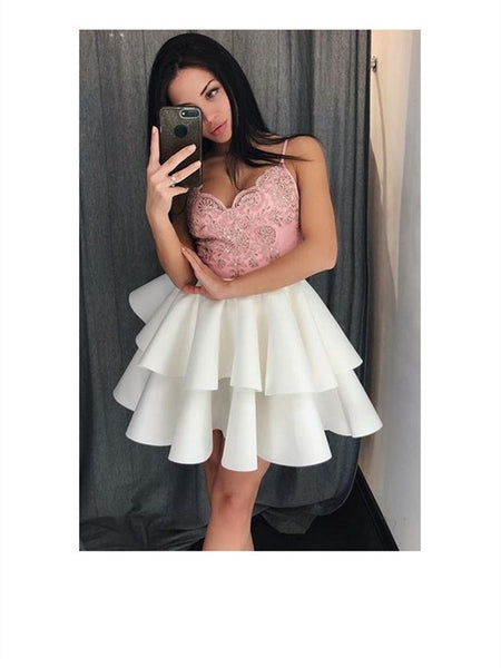 V neck white and pink short prom dresses, white and pink homecoming dresses