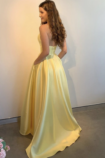 Simple A Line V Neck Blue Satin Long Prom Dresses, A Line V Neck Yellow Satin Long Formal Evening Dresses