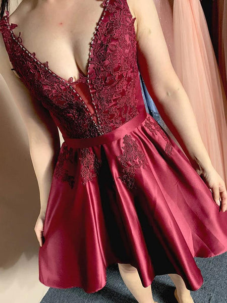 V Neck Open Back Burgundy/Gray Lace Short Prom Homecoming Dresses, Burgundy/Gray Formal Graduation Evening Dresses