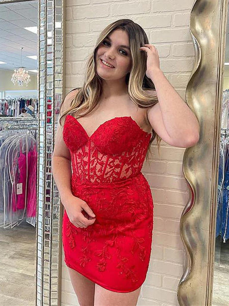 Short Red Lace Prom Dresses, Short Red Lace Formal Homecoming Dresses