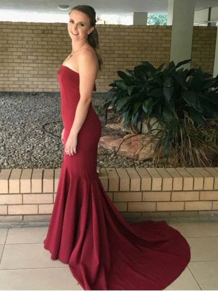 Mermaid Burgundy Strapless Prom Dresses ,  Mermaid Burgundy Strapless Bridesmaid Dresses, Mermaid Burgundy Formal Graduation Evening Dresses