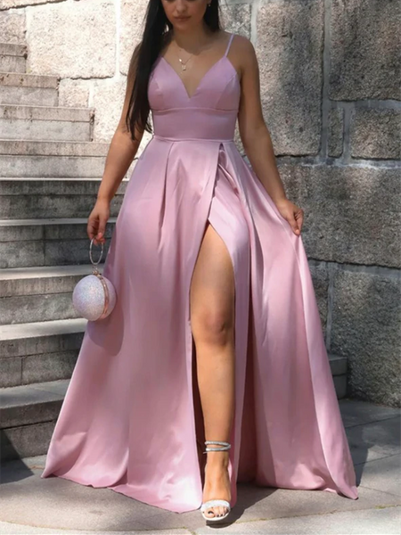 V Neck Pink Satin Long Prom Dresses, V Neck Pink Satin Long Formal Evening Dresses