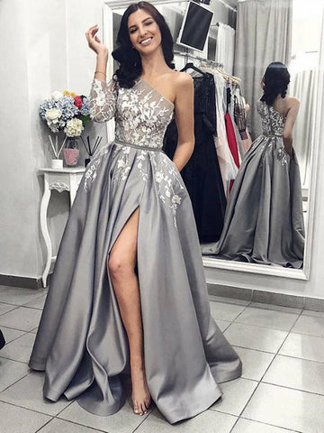 One Shoulder Gray Long Prom Dresses with Front Slit, One Shoulder Gray Lace Appliqued Formal Evening Graduation Dresses