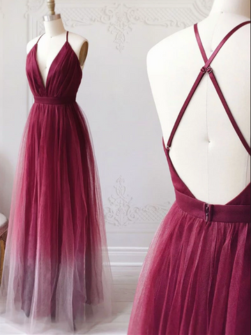 V Neck Burgundy Tulle Long Prom Dress, V Neck Burgundy Tulle Long Evening Dress