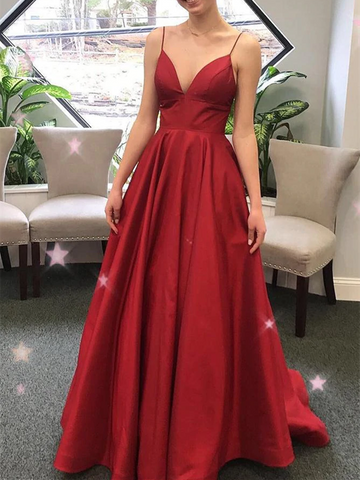 V Neck Red Satin Long Prom Dresses, V Neck Red Satin Long Formal Evening Dresses