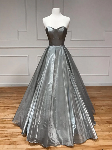 Simple Sweetheart Veck Grey Satin Long prom Dresses, Simple Sweetheart Veck Gray Satin Long Formal Evening Dresses