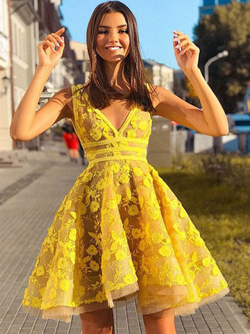 V neck yellow lace short prom dress, V neck yellow lace short evening dress, Homecoming graduation dress