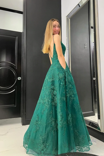 V Neck Green Lace Long Prom Dresses, V Neck Green Lace Long Formal Evening Dresses