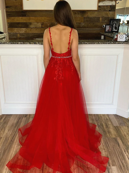 V Neck Mermaid Red Tulle Lace Prom Dresses, V Neck Mermaid Red Tulle Lace Formal Evening Dresses