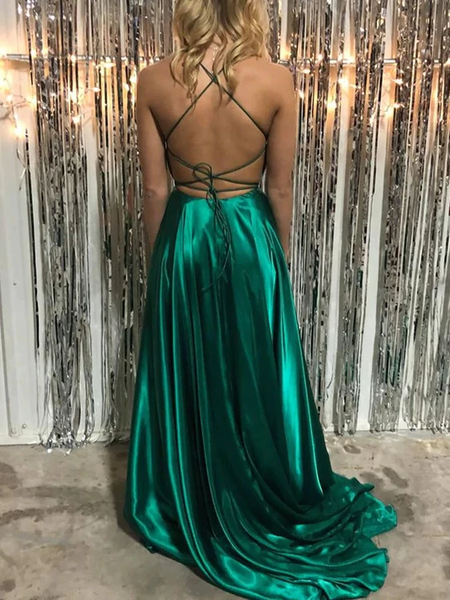 Simple V Neck Backless Green Satin Long Prom Dresses with High Slit, Backless Green Formal Dresses, Green Evening Dresses