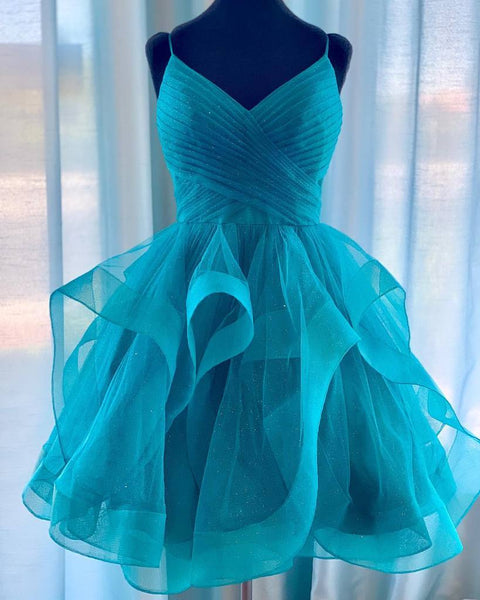 V Neck Short Blue Green Prom Dresses, Short V Neck Formal Homecoming Dresses