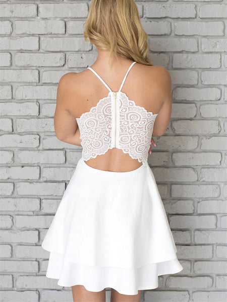 Sexy Spaghetti Straps V Neck White Lace Short Homecoming Graduation Dress