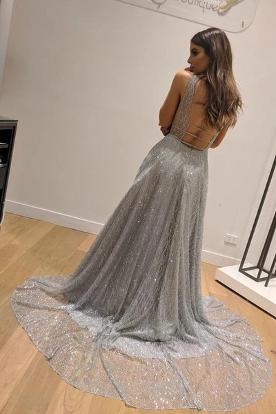 Shiny V Neck Backless Silver Grey Long Prom Dresses,  Silver Grey Backless Formal Graduation Evening Dresses