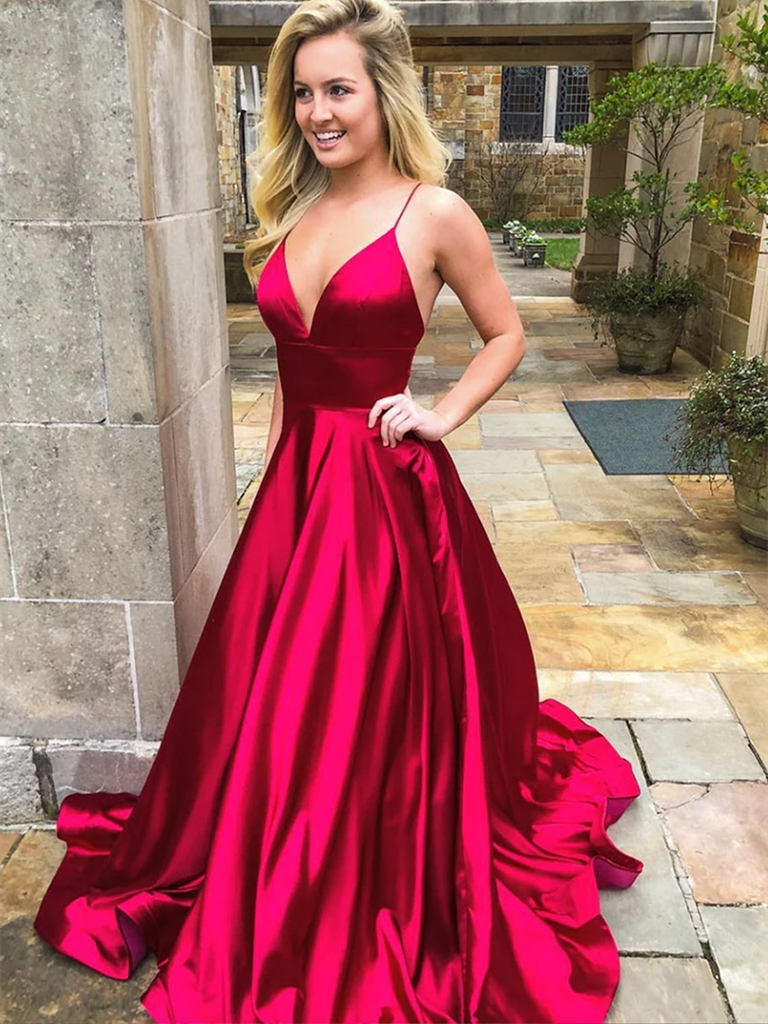 Simple V Neck Burgundy Satin Long Prom Dresses,  V Neck Burgundy Satin Long Formal Evening Dresses