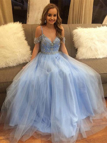 V Neck Blue Off Shoulder Tulle Long Prom Dress, Blue Off The Shoulder  Formal Evening Dress