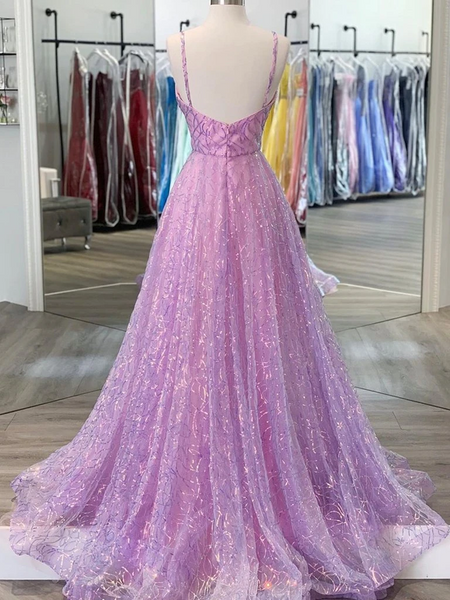 Shiny V Neck Open Back Lilac Prom Dresses with Straps, Backless Purple Formal Evening Dresses