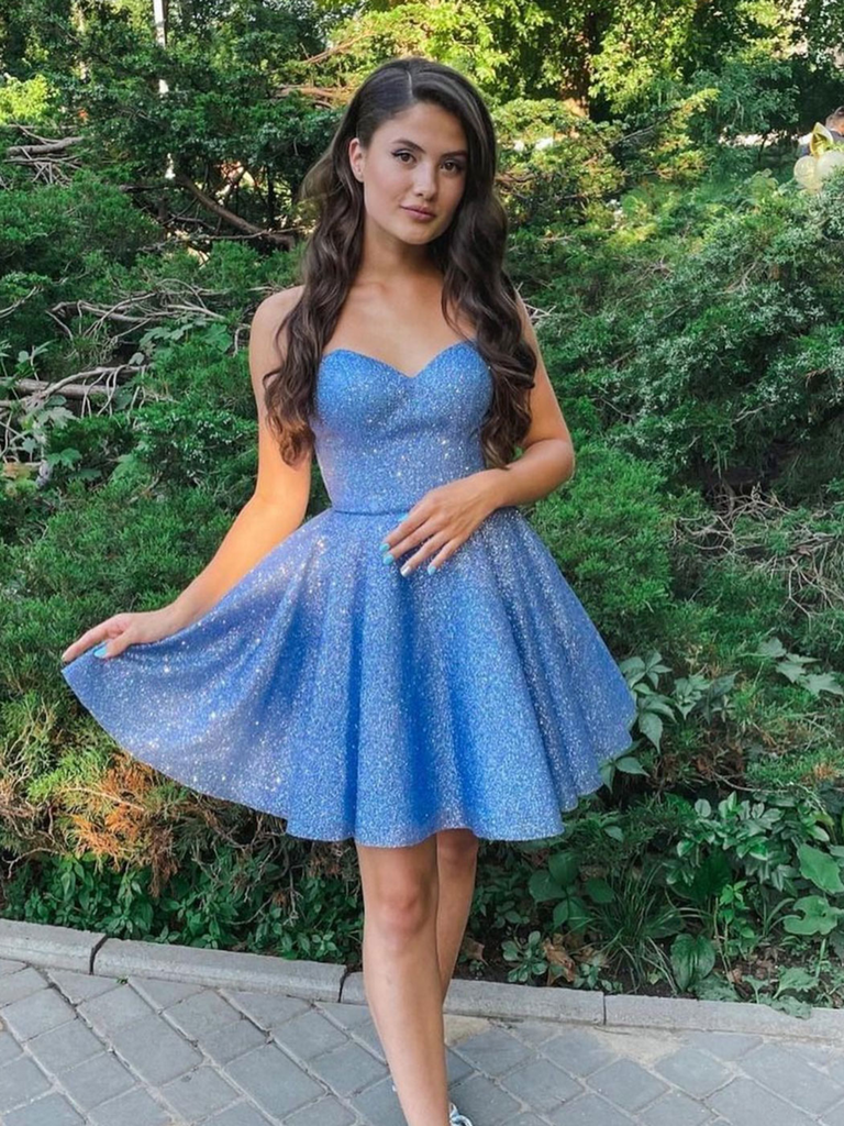 Blue Sweetheart Neck Tulle Short Prom Dresses, Blue Sweetheart Neck Tulle Short Prom Homecoming Dresses