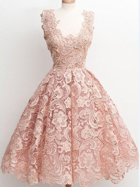 Custom Made Blush Lace Short Party Prom Dresses, Blush Lace Short Graduation Homecoming Dresses