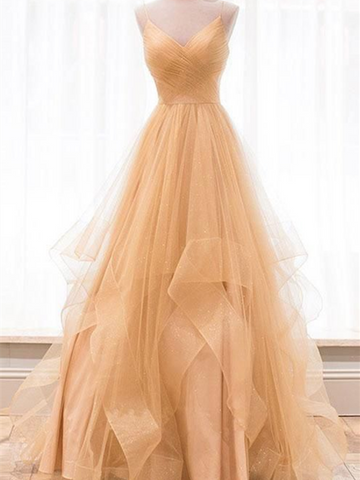 V Neck Champagne Tulle Long Prom Dresses, V Neck Champagne Tulle Long Formal Evening Graduation Dresses