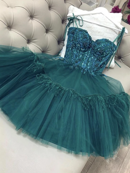 Gorgeous Beaded Green Lace Short  Prom Dresses, Short Green Lace Formal Graduation Homecoming Dresses, Lace Green Cocktail Dresses